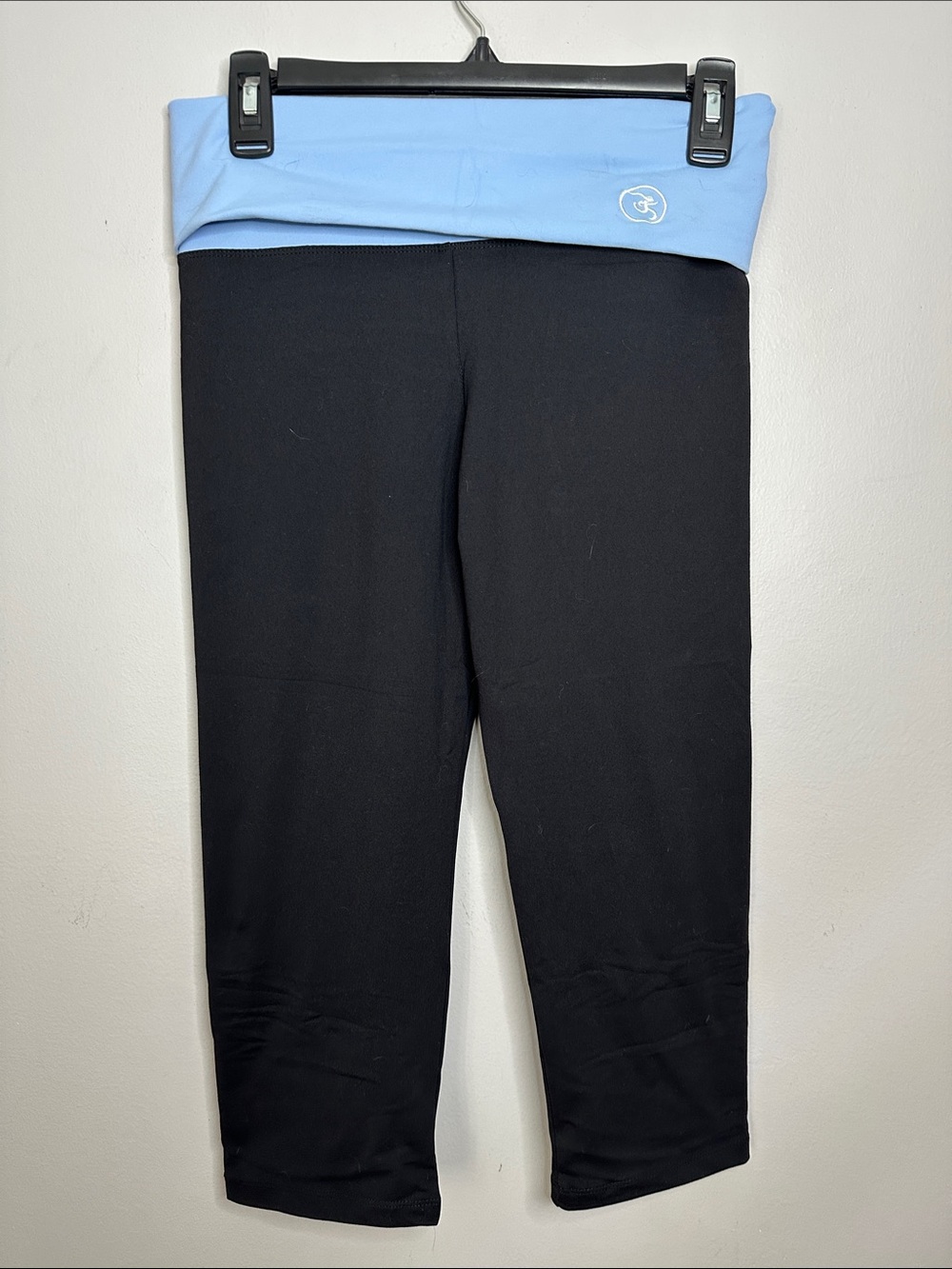 Fold-Over Waistcap Capri Leggings - Black with Light Blue Waist size L/XL